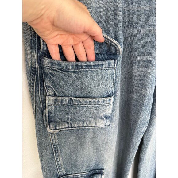 Zara Med Blue 100% Cotton Denim Cargo Wide Leg Button Jogger Cuff Jeans Size 10 - Picture 7 of 17